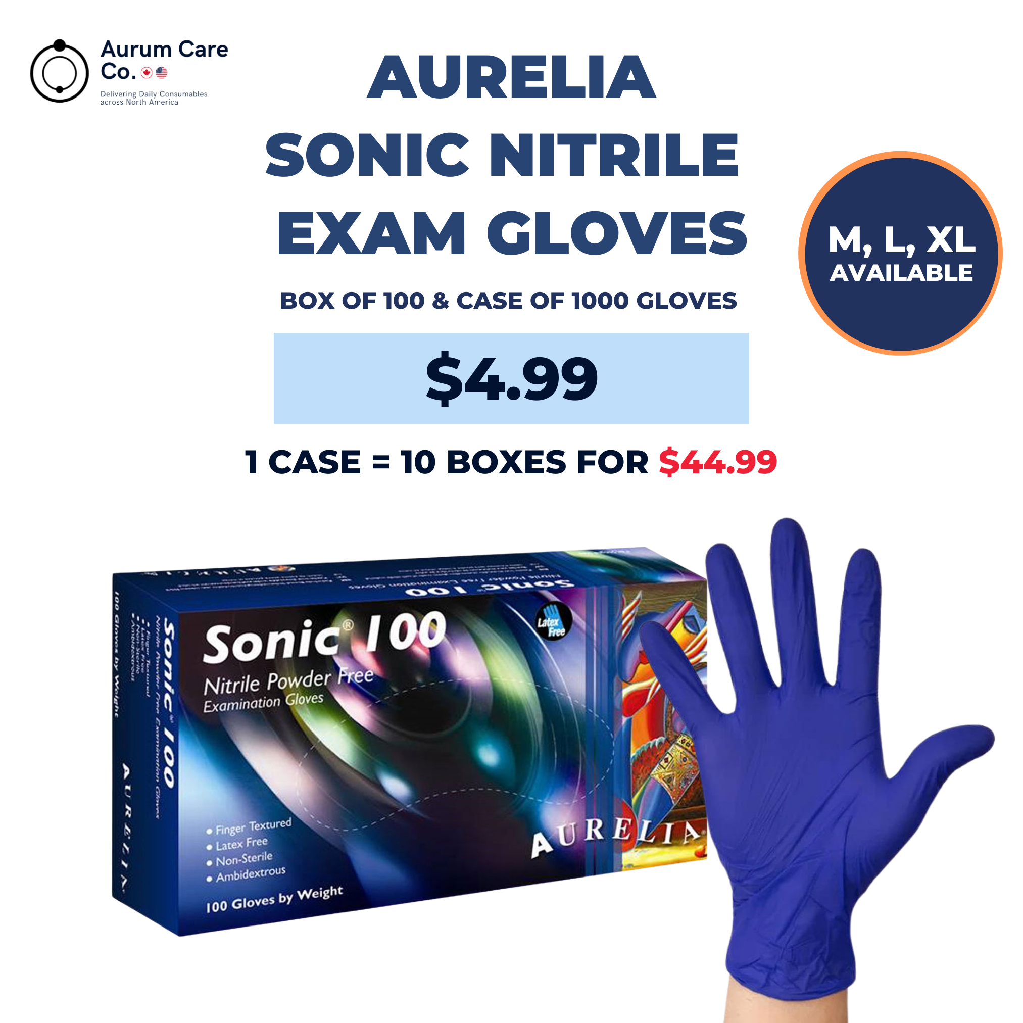 Aurelia Sonic 100 Blue Nitrile Examination Gloves – Mil, Durable